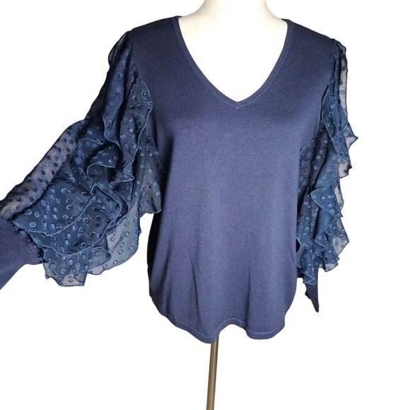 No brand Tops - Navy Blue Whimsy Goth Ruffle Statement Sleeve with Swiss Dot Top L